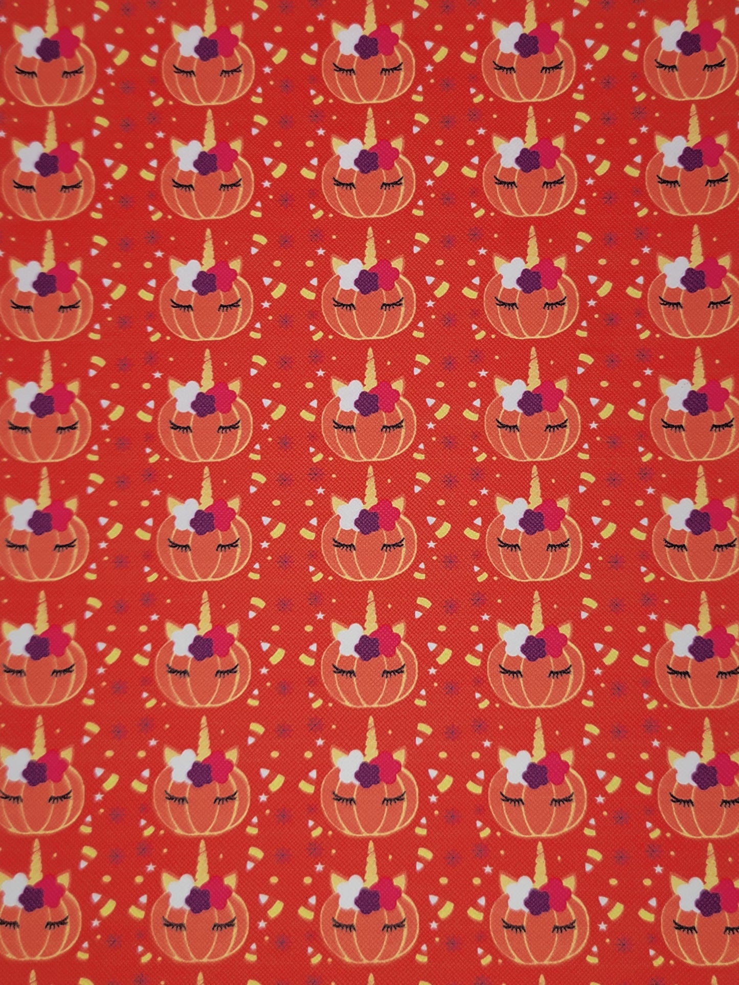 Halloween - Unicorn Pumpkins & Candy Corn - Orange Synthetic (Faux) Leather Single Sheet