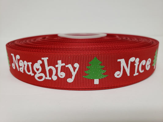 Christmas Print - Naughty Nice - Glitter - Red Grosgrain Ribbon 7/8" Width - By the yard