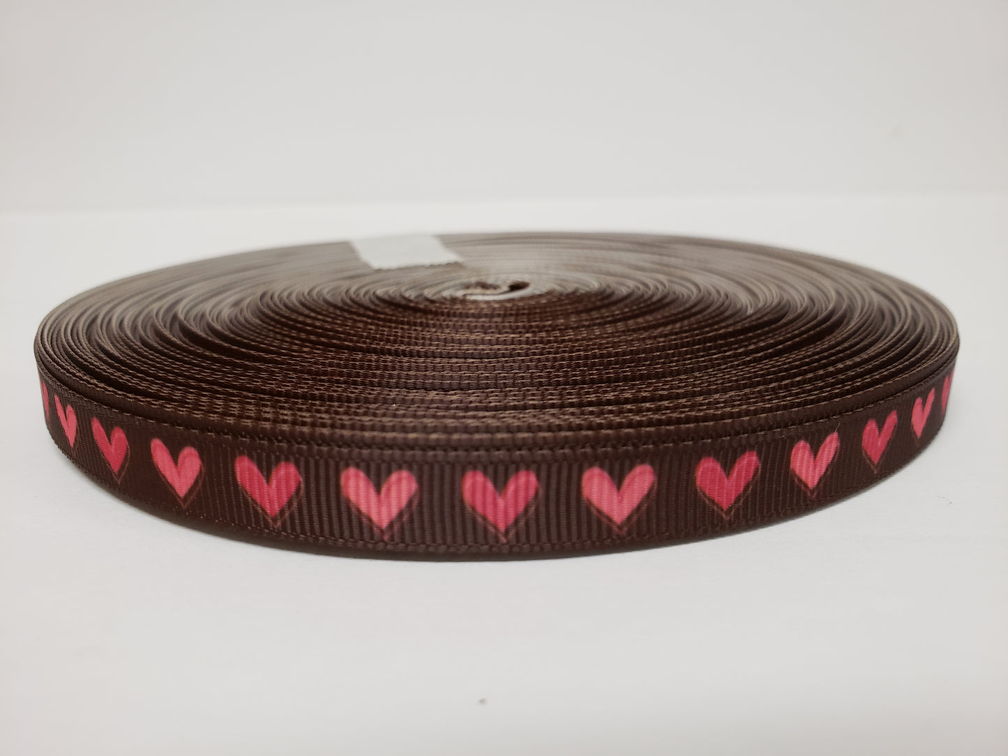 Valentine's Day - Pink Hearts - Brown Grosgrain Ribbon 3/8" Width - By the yard