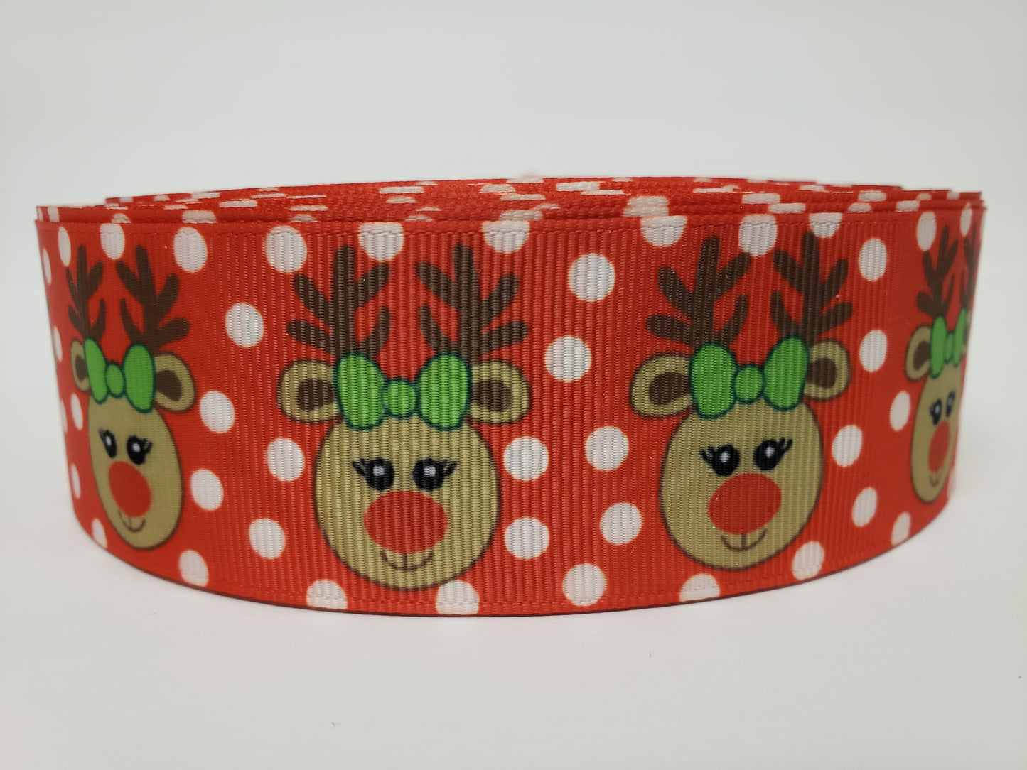 Christmas Print - Red with White Polka Dots & Reindeer - Grosgrain Ribbon 1.5" Width - By the yard