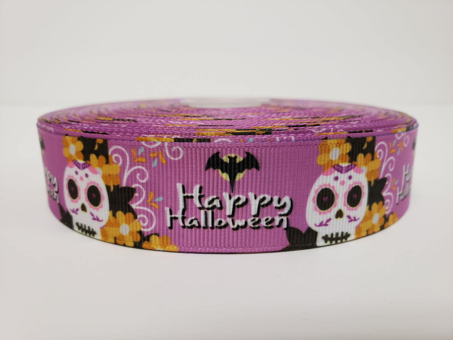 Halloween - Bats & Sugar Skulls - Purple Grosgrain Ribbon 1" Width - By the yard