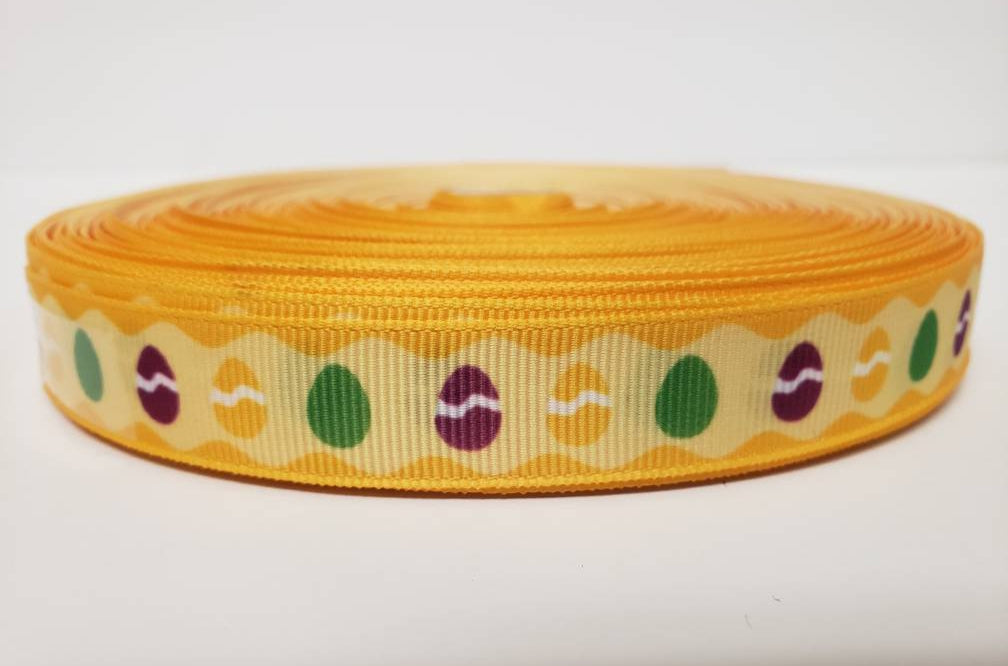 Easter - Colored Eggs - Yellow Grosgrain Ribbon 3/8" Width - By the yard