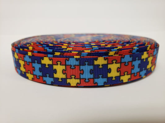 Autism Awareness - Puzzle Pieces - Grosgrain Ribbon 5/8" Width - By the yard