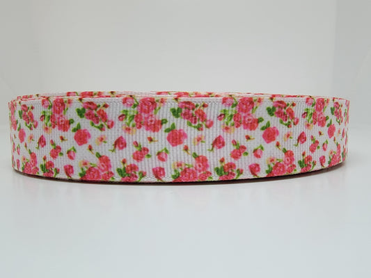 Pink Flowers - White Grosgrain Ribbon 7/8" Width - By the yard