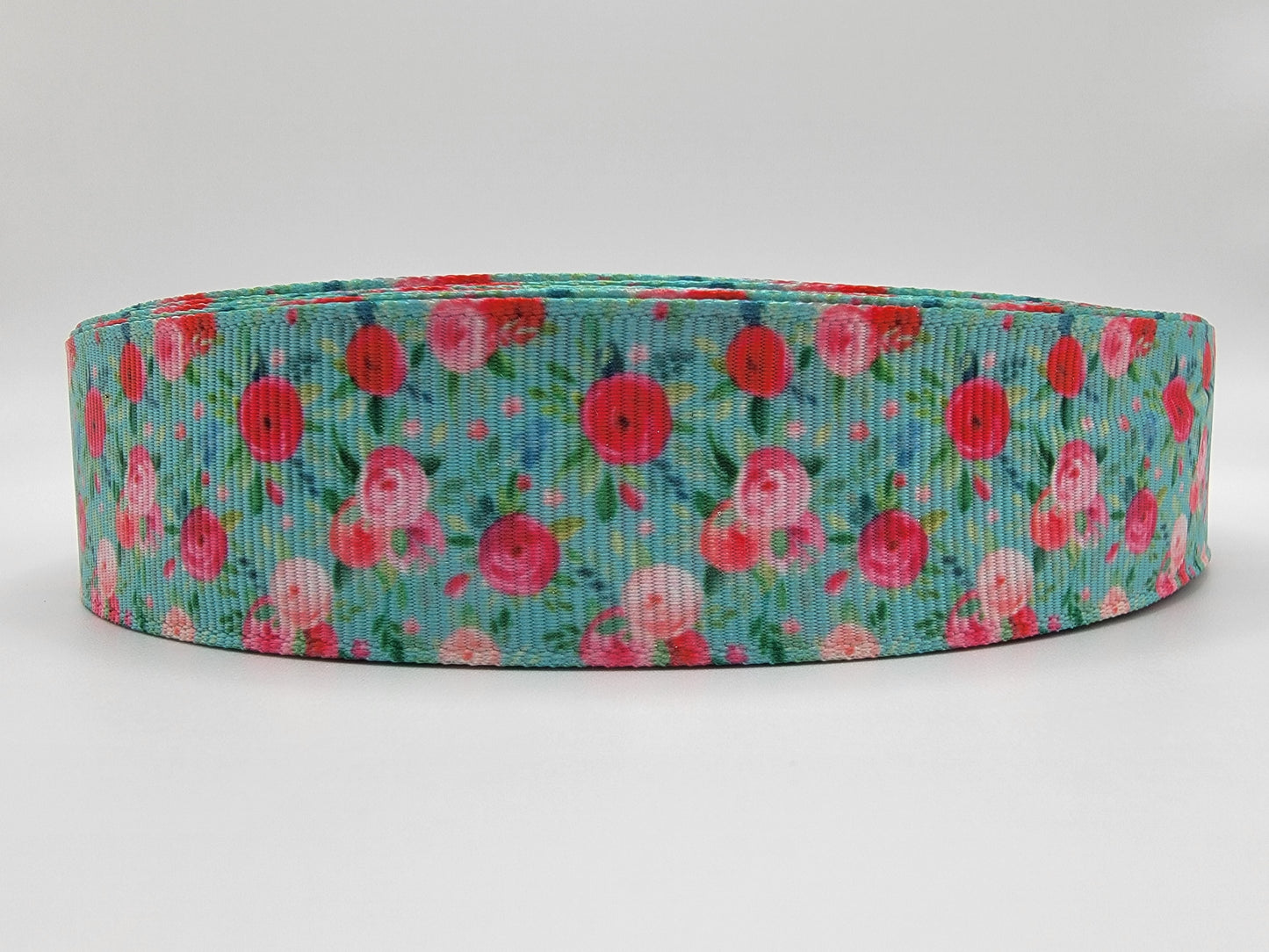 Pink Flowers - Blue Grosgrain Ribbon 1" Width - By the yard