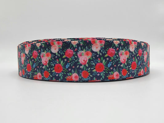 Pink & Red Flowers - Navy Grosgrain Ribbon 1" Width - By the yard