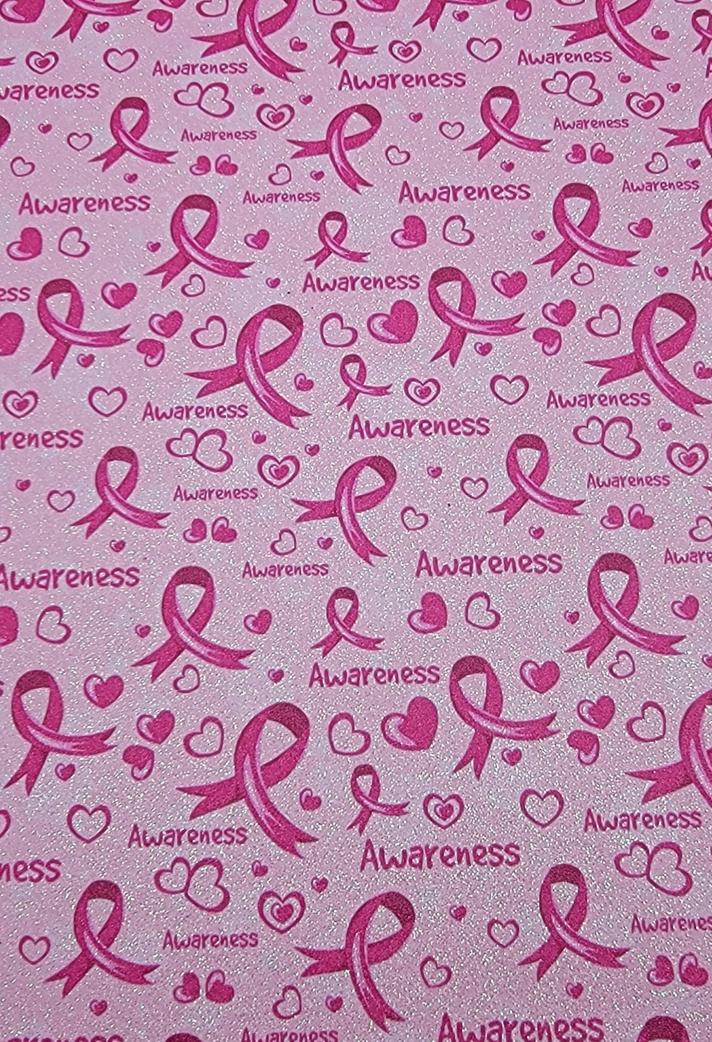 Breast Cancer Awareness - Pink Ribbons & Hearts - Fine Glitter - Pink Synthetic (Faux) Leather Single Sheet