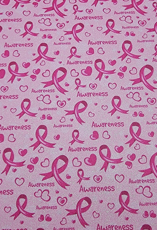 Breast Cancer Awareness - Pink Ribbons & Hearts - Fine Glitter - Pink Synthetic (Faux) Leather Single Sheet