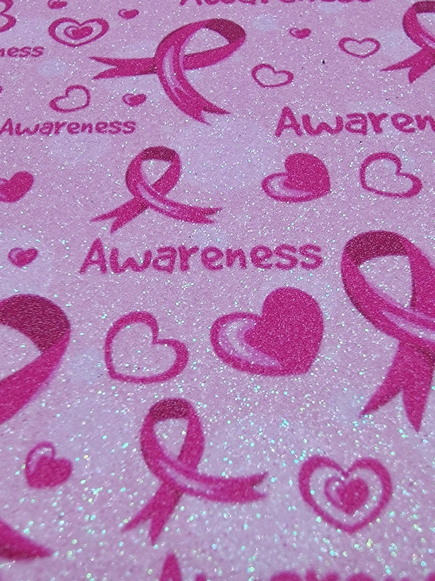 Breast Cancer Awareness - Pink Ribbons & Hearts - Fine Glitter - Pink Synthetic (Faux) Leather Single Sheet