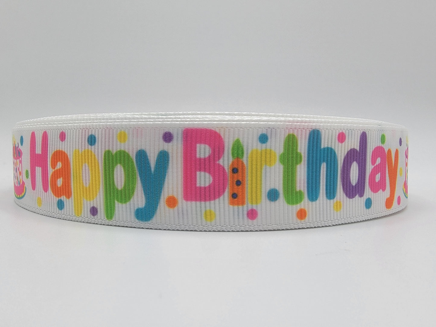 Happy Birthday - White with Polka Dots Grosgrain Ribbon 7/8" Width - By the yard