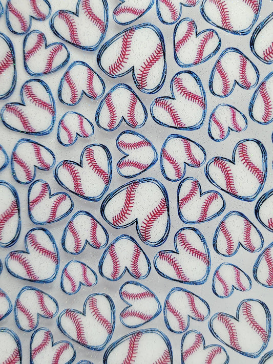 Baseball Hearts - Transparent UV - Fine Glitter - Printed Synthetic (Faux) Leather - Single Sheet