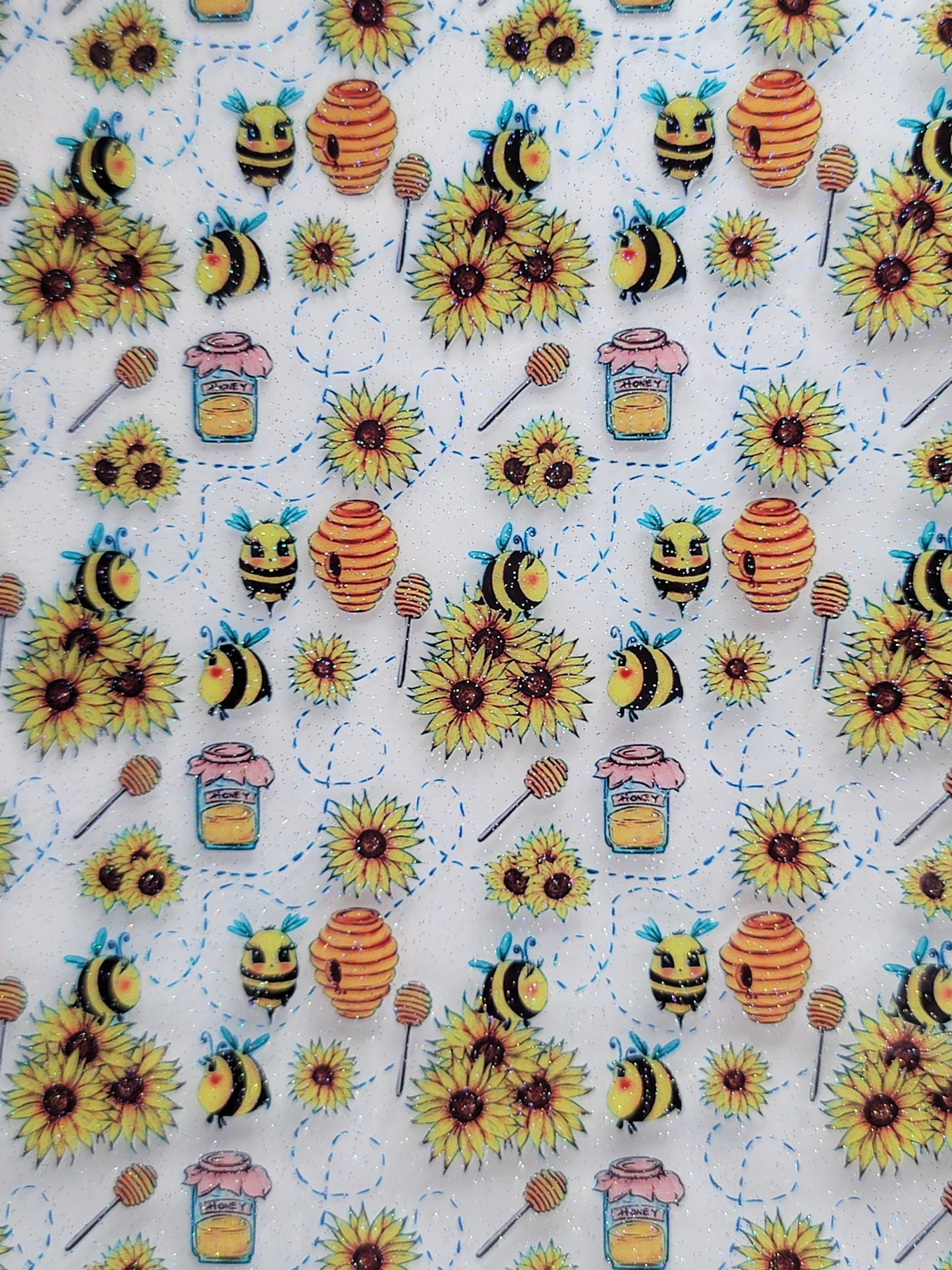 Bees & Sunflowers - Transparent UV - Fine Glitter - Printed Synthetic (Faux) Leather - Single Sheet