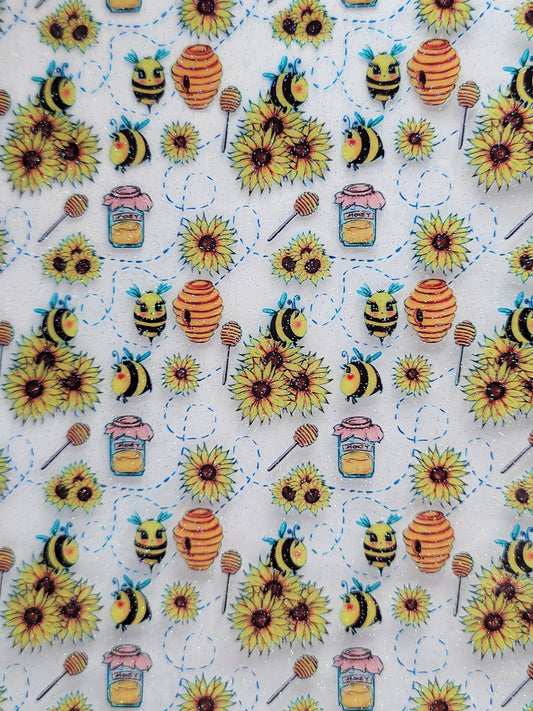 Bees & Sunflowers - Transparent UV - Fine Glitter - Printed Synthetic (Faux) Leather - Single Sheet