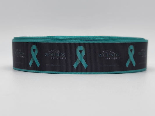 PTSD Awareness - Teal & Black Grosgrain Ribbon 1" Width - By the yard