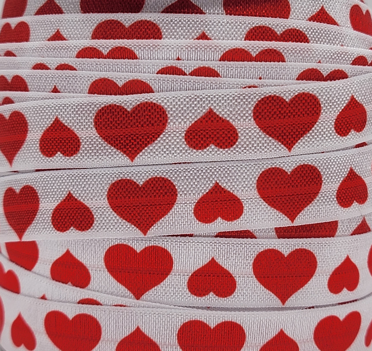 Fold Over Elastic - White with Red Hearts - 5/8" Width