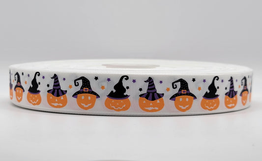 Halloween - Pumpkins with Witch Hats - White Grosgrain Ribbon 1" Width - By the yard