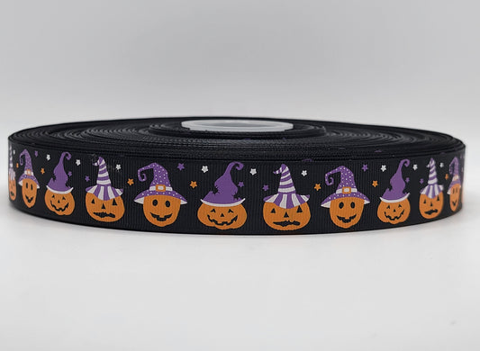 Halloween - Pumpkins with Witch Hats - Black Grosgrain Ribbon 1" Width - By the yard