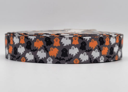 Halloween - Ghosts & Bats - Gray Grosgrain Ribbon 1" Width - By the yard