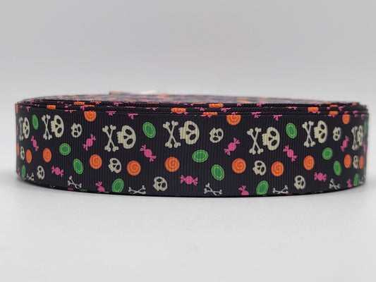 Halloween - Skulls & Candy - Black Grosgrain Ribbon 1" Width - By the yard