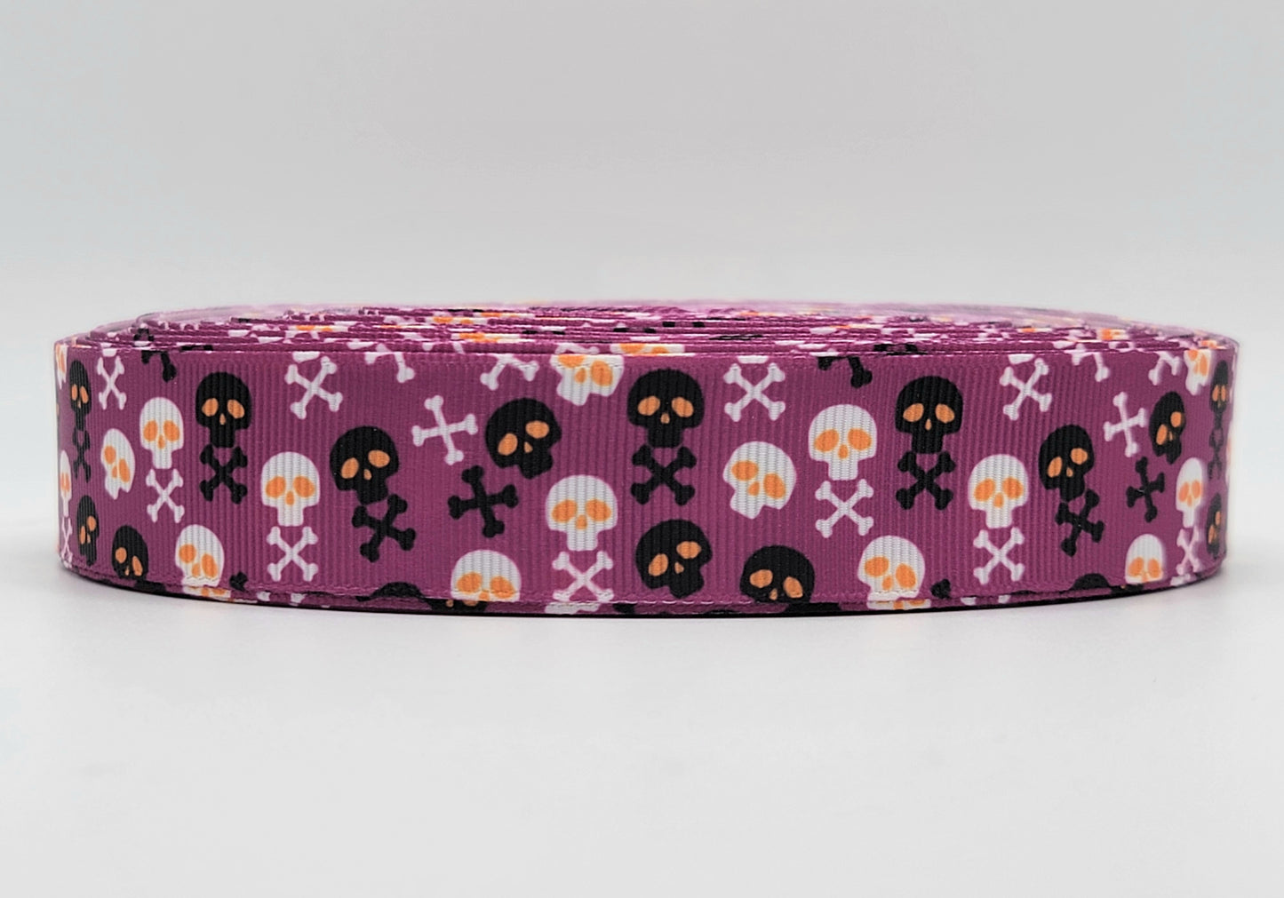 Halloween - Black & White Skulls - Purple Grosgrain Ribbon 1" Width - By the yard