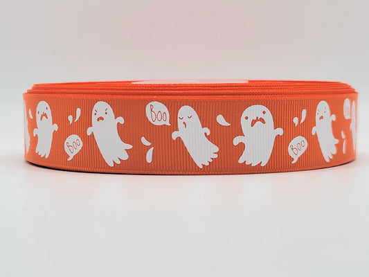 Halloween - Ghosts - Boo - Orange Grosgrain Ribbon 1" Width - By the yard