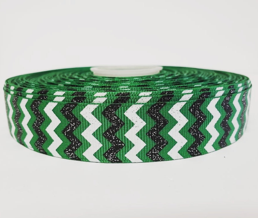 Black & White Glitter Chevron - Green Grosgrain Ribbon 7/8" Width - By the yard