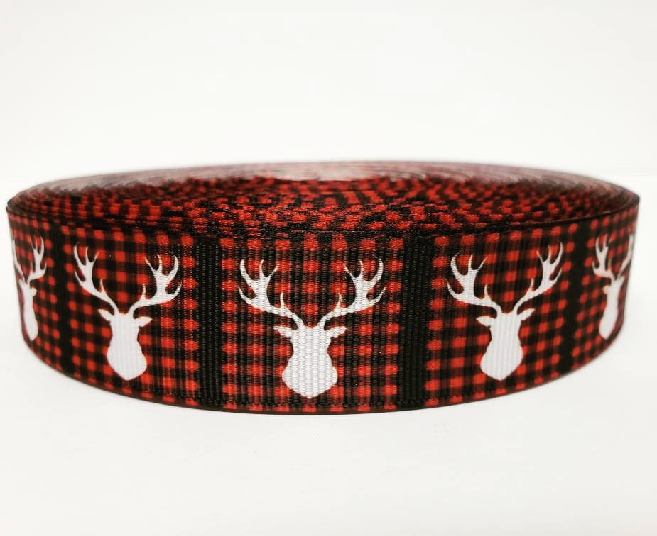 Christmas Print - Reindeer - Red & Black Plaid Squares - Grosgrain Ribbon 1" Width - By the yard