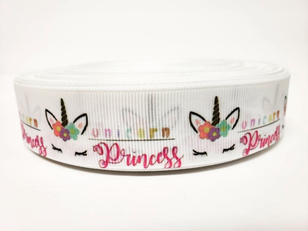 Unicorn Princess - White Grosgrain Ribbon 1" Width - By the yard