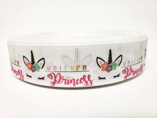 Unicorn Princess - White Grosgrain Ribbon 1" Width - By the yard